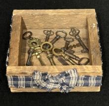 Rustic Square Wooden Box with Navy Plaid Ribbon & 12 Assorted Skeleton Keys