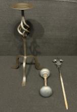 Vintage Wrought Iron Candlestick, Cast Iron Doorknob and Cast Iron Fleur De Lis Yard Art Stake