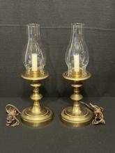 Pair of Brass Candlestick Lamps with Glass Globe Shades