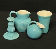 Red Wing Gypsy Trail Reed Turquoise Candlestick, 19 oz Pitcher, 8 oz Ball Pitcher, Plain 10 oz Mug