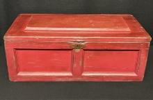 Folk Art Red Painted Trunk with Handles and Removable Shelf Tray