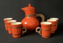 Red Wing Gypsy Trail Orange Batter Pitcher and Six Coffee Cups