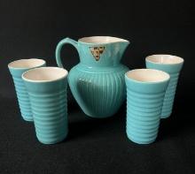 Red Wing Gypsy Trail Turquoise Water Pitcher and Four Tumblers
