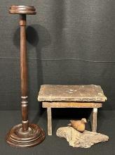 Wooden Candle Holder, Distressed Primitive Wooden Stool & Handmade Carved Walnut Bird