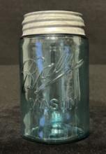 1900-1910 Ball 3-L Logo Turquoise/Aqua Pint Mason Jar with Zinc and Milk Glass Lid