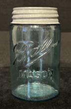 1900-1910 Ball 3-L Logo Turquoise/Aqua Pint Mason Jar with Zinc and Milk Glass Lid