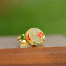 An Exquisite Sterling Silver-Gold Plated Inlaid White Jade Enamel Ring