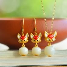 A Set of Fine Sterling Silver-Gold Plated Inlaid White Jade Jewelrys