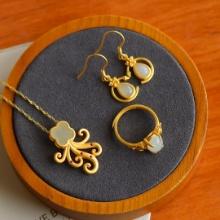 A Set of Fine Sterling Silver-Gold Plated Inlaid White Jade Jewelrys