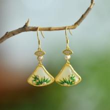 A Pair of Exquisite Sterling Silver-Gold Plated Inlaid White Jade Enamel Earrings, Inlaid Pearl