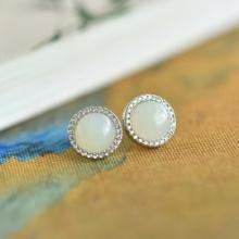 A Pair of Exquisite Sterling Silver Inlaid White Jade Earrings