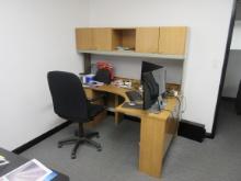 LOT OFFICE FURNITURE ONLY, DESK, (3) CHAIRS. ELECTRIC ADJUSTABLE HEIGHT TAB