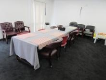 LOT ASSORTED (15)-CHAIRS, (2)-TABLES & SOFA