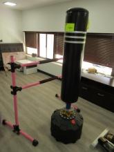 LOT ASSORTED WORKOUT EQUIPMENT, DUMB BELLS WITH RACK, STRETCH BAR, PUNCH BA
