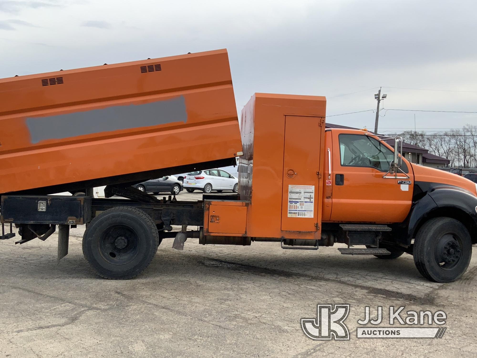 (South Beloit, IL) 2012 Ford F750 Chipper Dump Truck Runs, Moves & Upper Operates) (Check Engine Lig