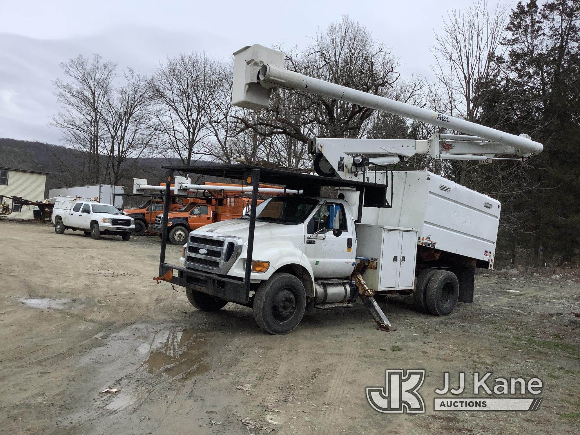 (Deposit, NY) Altec LR756, Over-Center Bucket Truck mounted behind cab on 2015 Ford F750 Chipper Dum