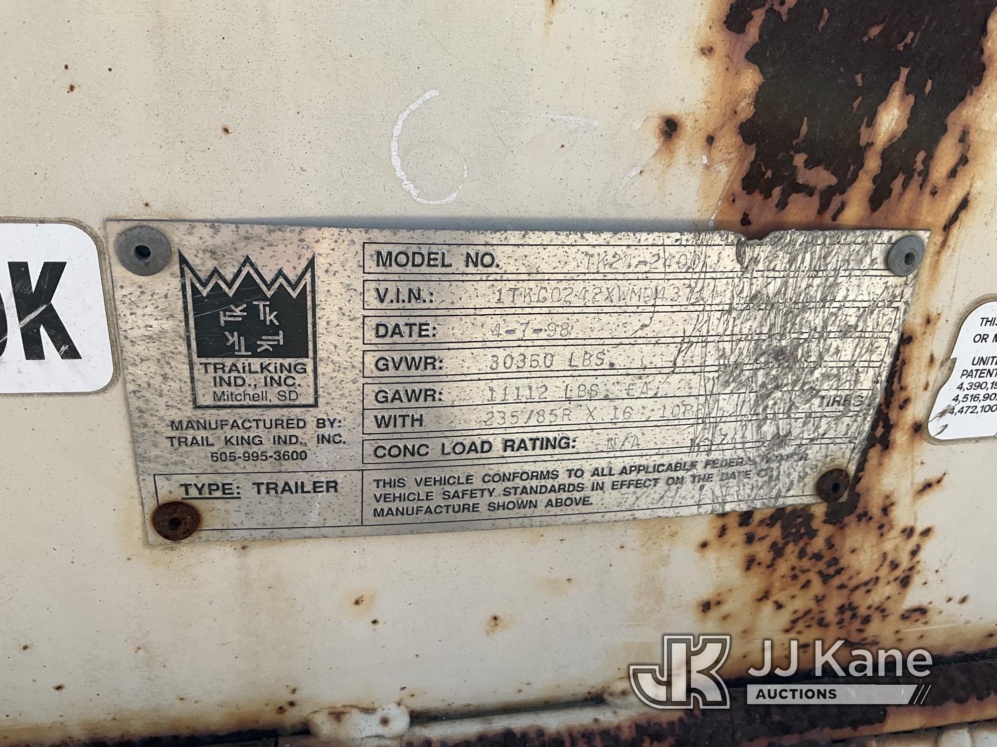 (Jurupa Valley, CA) 1998 Trail King TK24-2400 T/A Tagalong Equipment Trailer VIN Plate Is Damaged, T