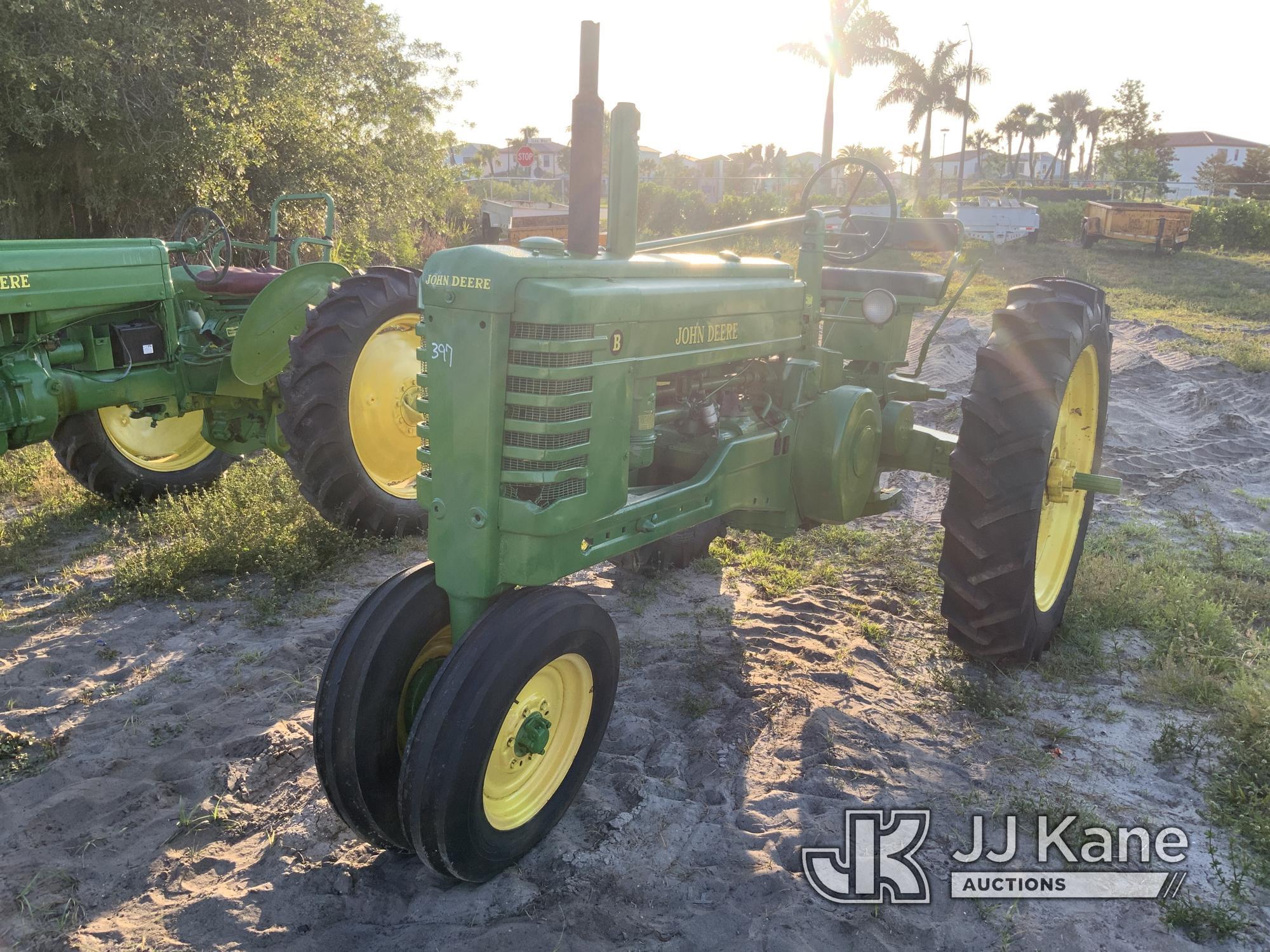 (Westlake, FL) 1948 John Deere Model B Utility Tractor Not Running, Condition Unknown.  (Seller Stat