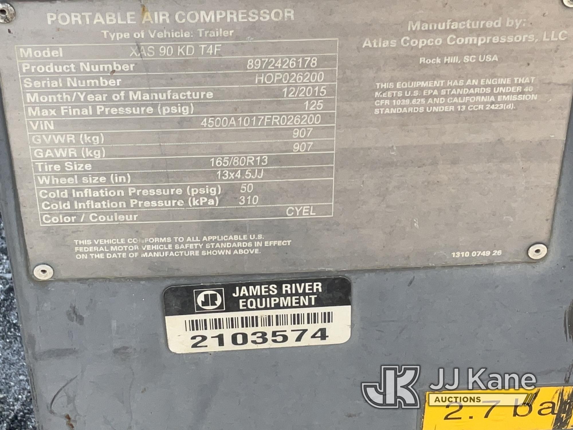 (Bowling Green, FL) 2015 Atlas Copco XAS 90 KD T4F Air Compressor Runs, and Makes Air