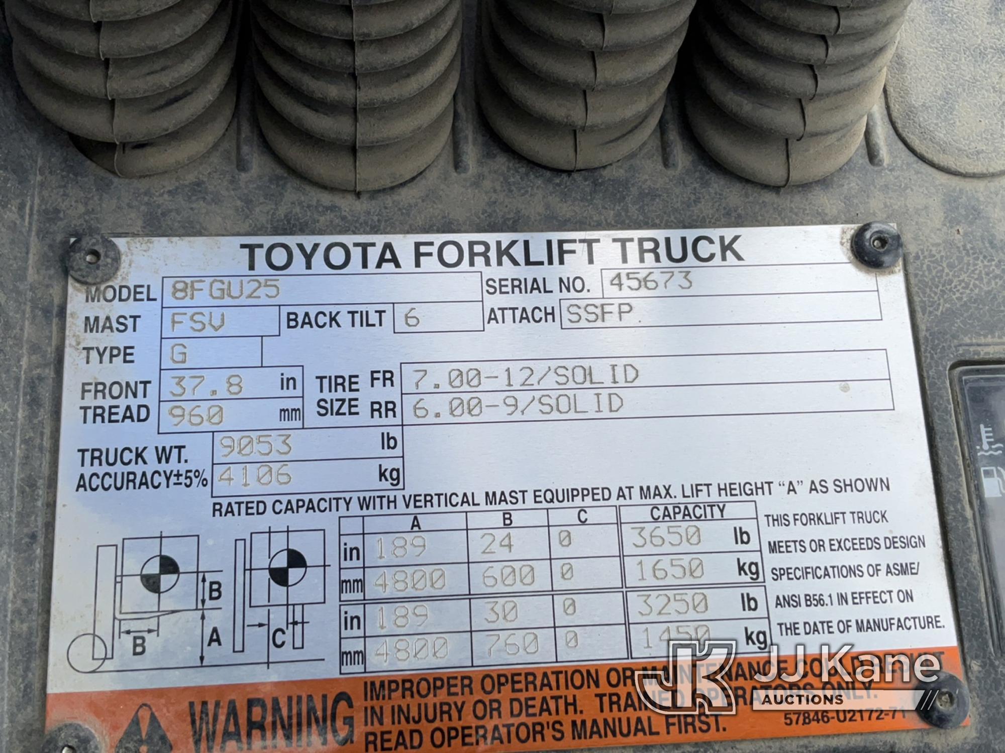(Verona, KY) 2013 Toyota 8FGU25 Rubber Tired Forklift Runs, Moves & Operates) (BUYER MUST LOAD