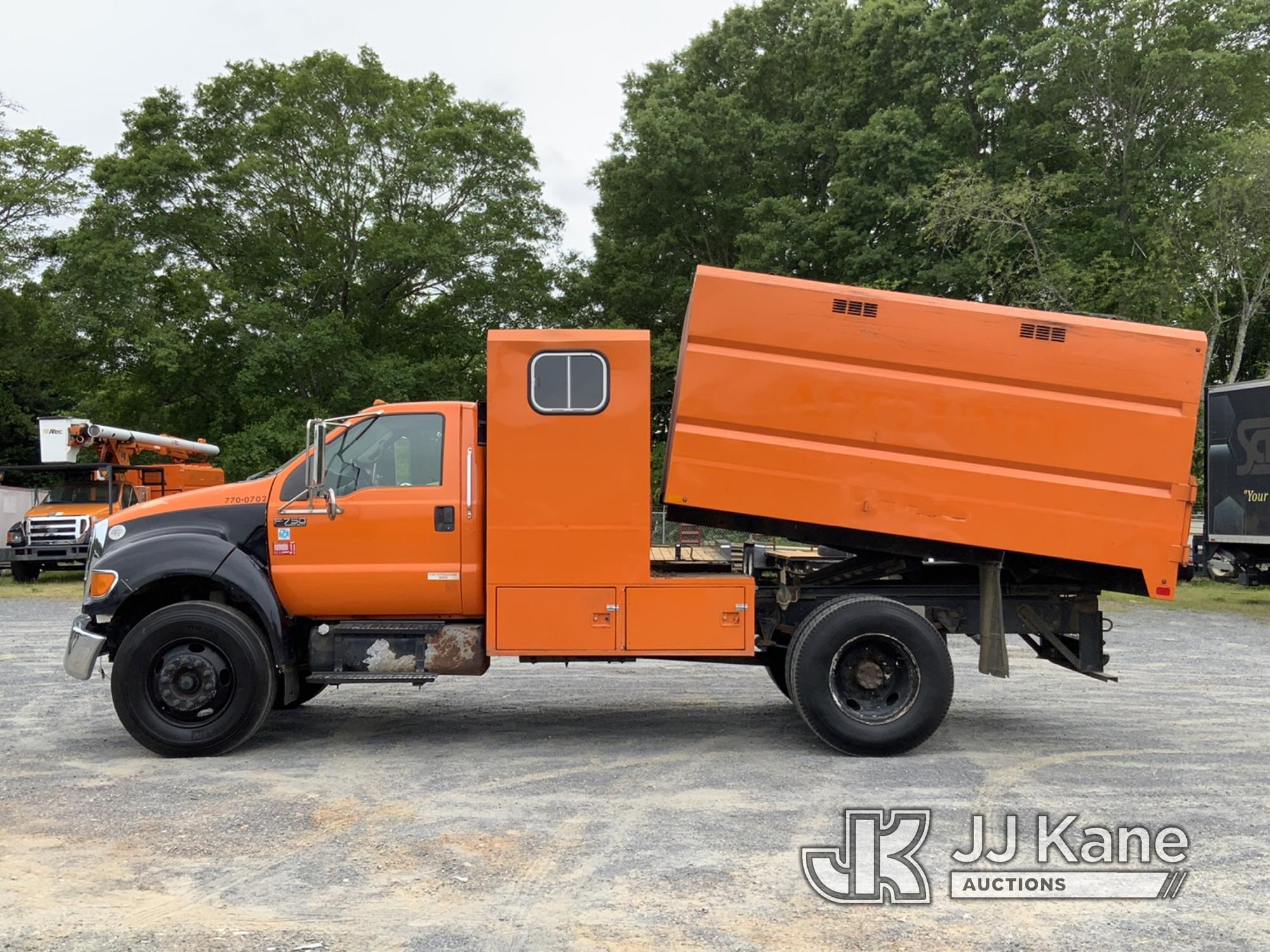 (Shelby, NC) 2010 Ford F750 Chipper Dump Truck Runs, Moves & Dump Bed Operates) (Service Engine Ligh