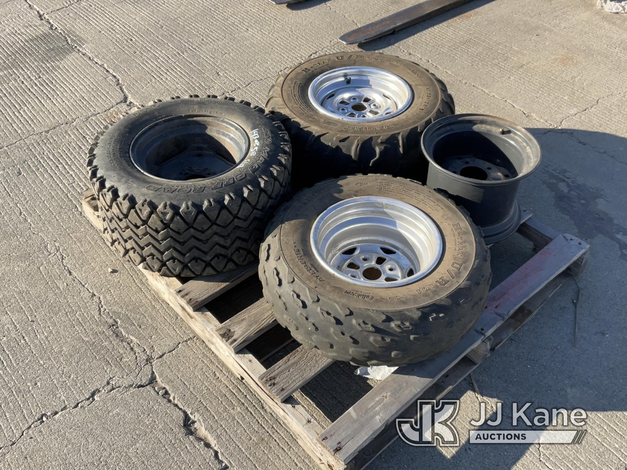 (Dixon, CA) Pallet with Miscellaneous Tires (1- 25X10.00-12NHS Tire With Rim 1-AT25X8R12 Tire With R