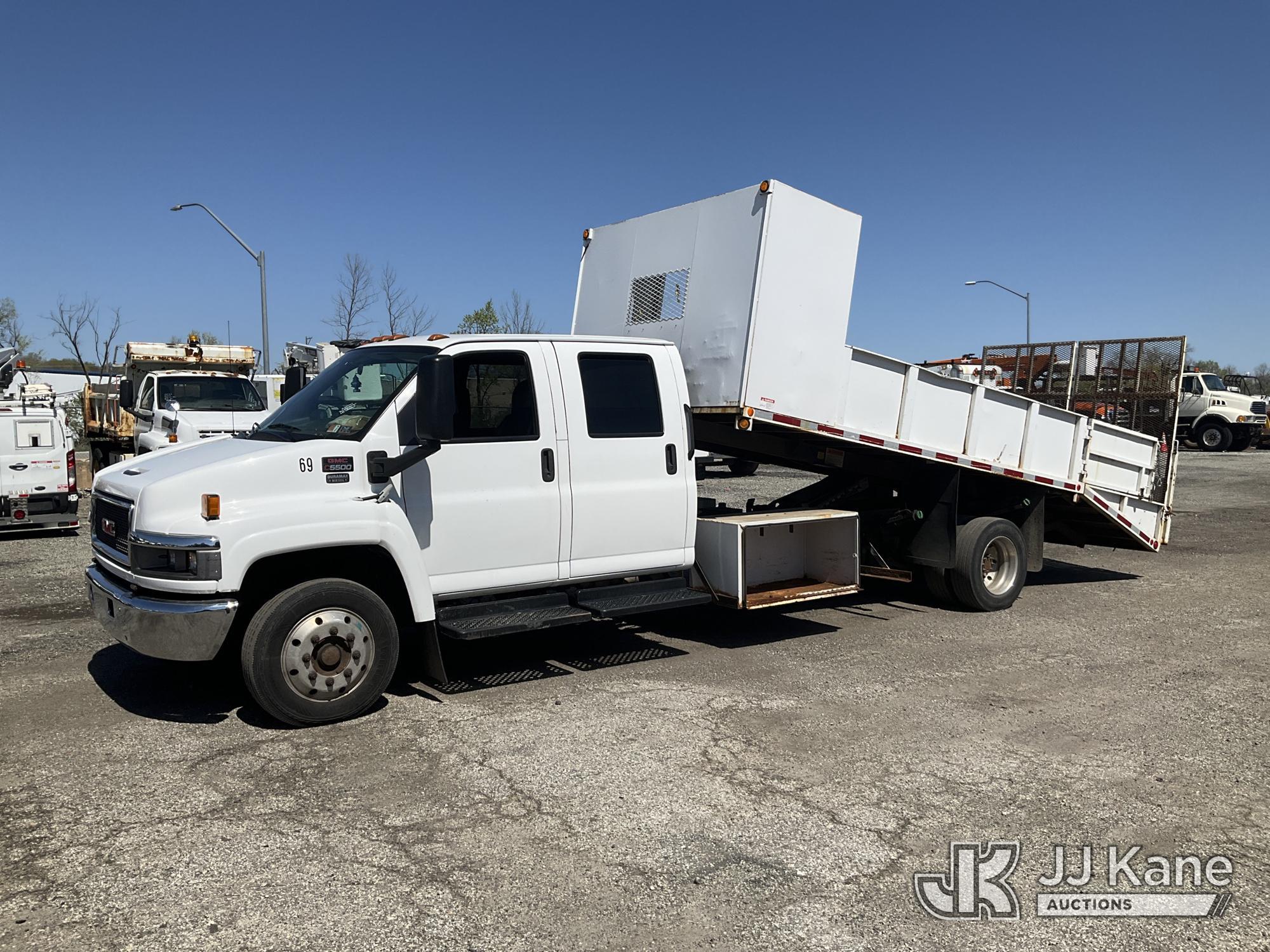 (Plymouth Meeting, PA) 2008 GMC C5500 Crew-Cab Flatbed/Dump Truck Runs Moves & Dump Operates, Body &