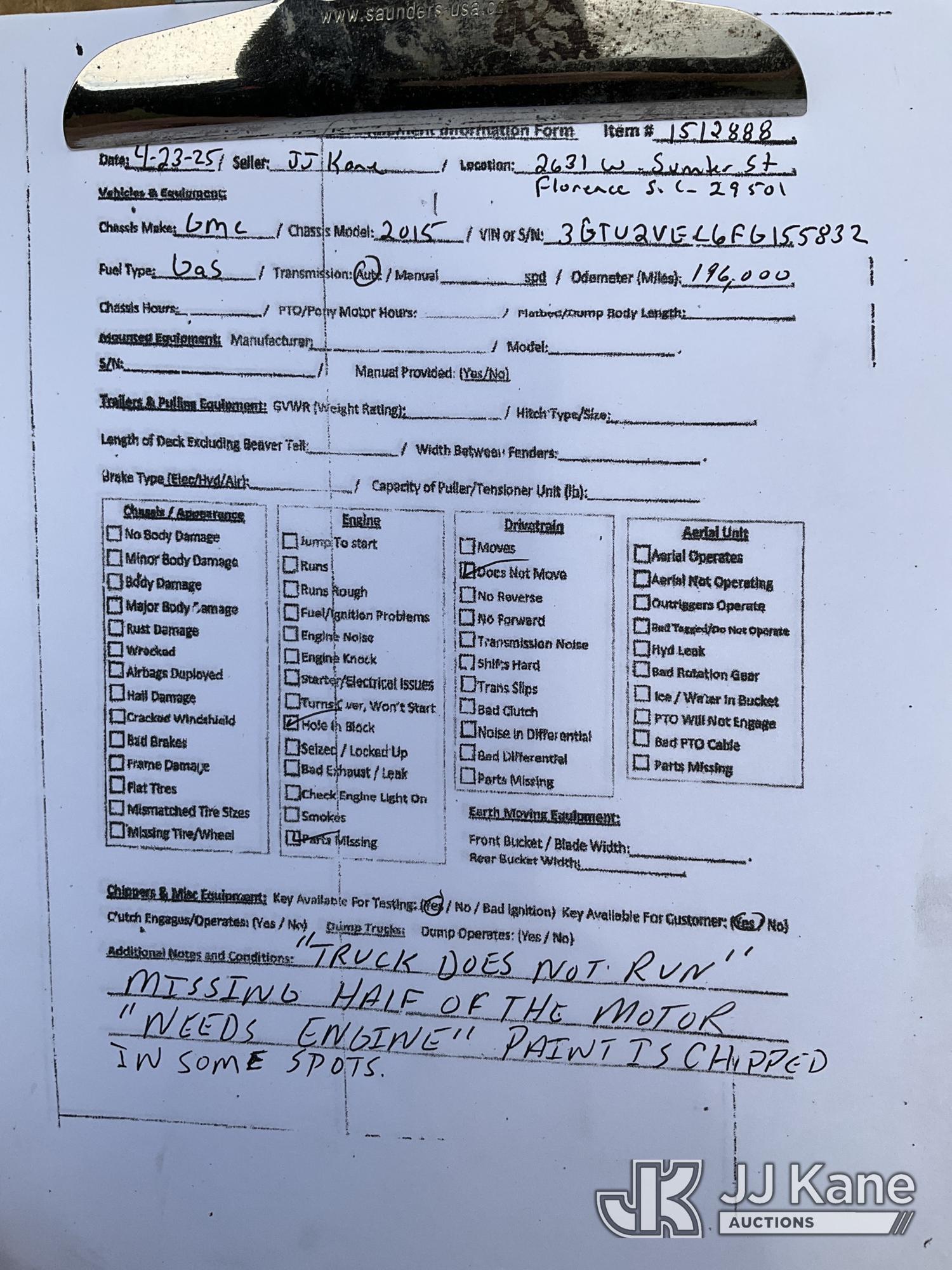 (Florence, SC) 2015 GMC Sierra 1500 4x4 Crew-Cab Pickup Truck Not Running Condition Unknown) (Parts