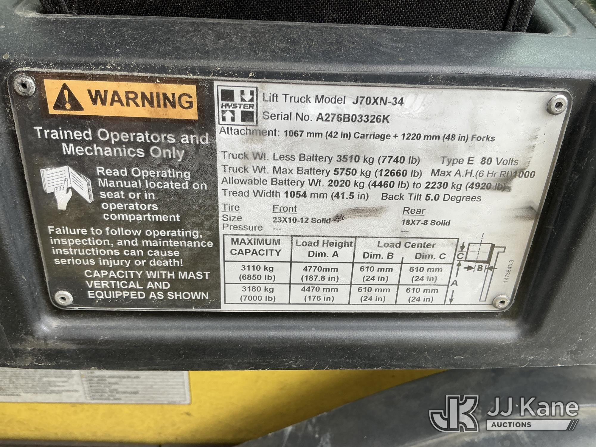(China Grove, NC) Hyster J70XN-34, 6,850# Solid Tired Forklift Duke Unit) (Not Running, Conditions U