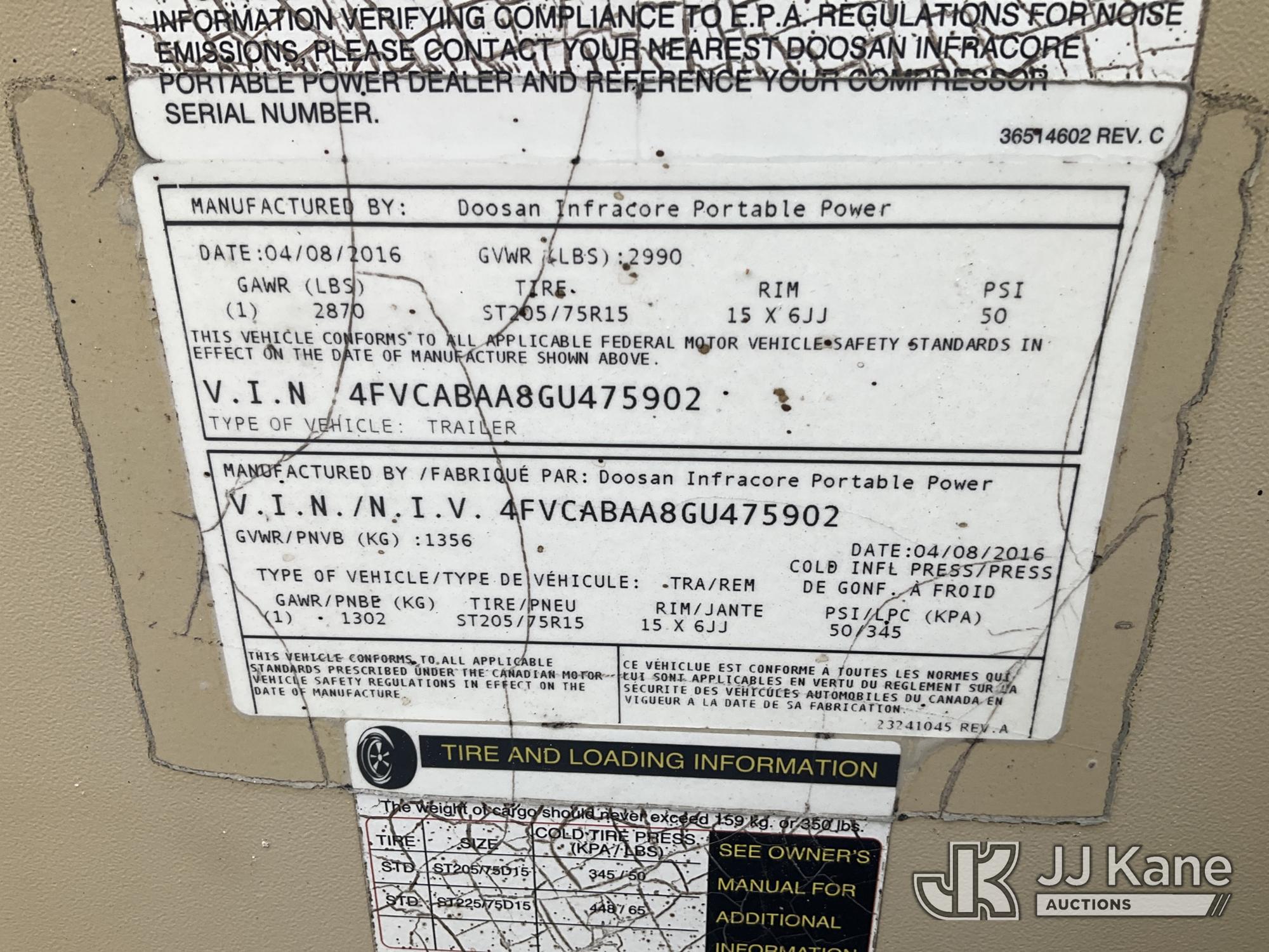 (Villa Rica, GA) 2016 Doosan P185WDZ-T4F Portable Air Compressor Runs & Makes Air) (Jump To Start