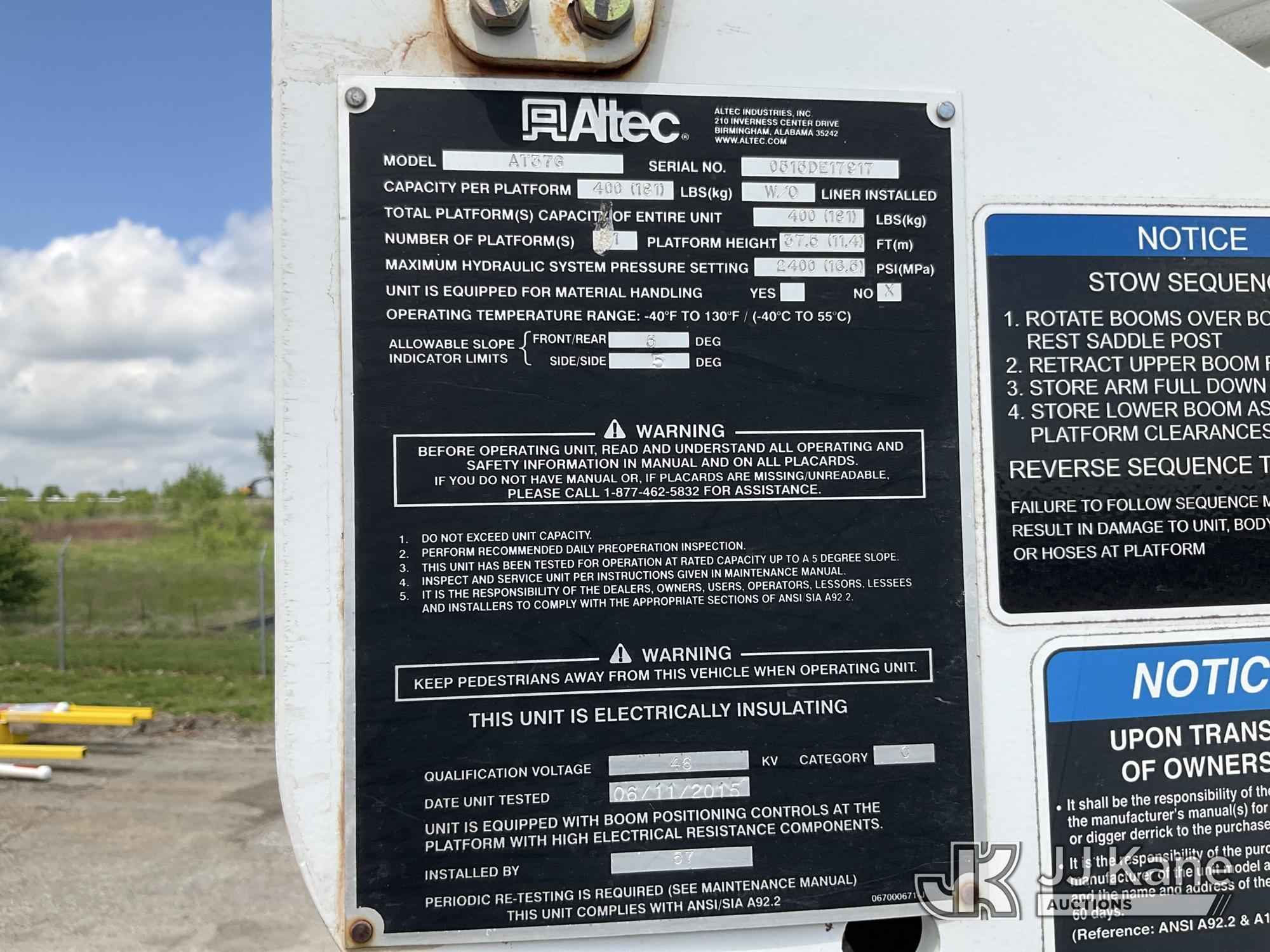 (Kansas City, MO) Altec AT37G, Articulating & Telescopic Bucket Truck mounted behind cab on 2015 For