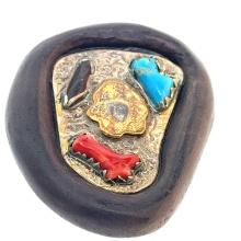 Silver and 14k Turquoise and Coral Inlay Wood Brooch Peter Rowe - 54x47mm - 0.7 oz