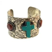 White Metal, Turquoise and Red Stone Cross Cuff Bracelet Unsigned - 66x45mm - 2.3 oz