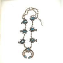 White Metal and Turquoise Squash Blossom Necklace Unsigned - 300x45mm - 4.6 oz