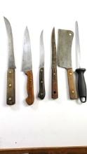 5 X Vintage Carbon Steel Kitchen Knives and Honing Steel - Cleaver Carving Slicer Frost