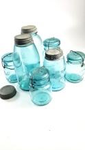 Collection of Vintage Ball / Mason Jars - Blue Some Zinc Lids