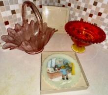 Vintage L.E. Smith Glass Iridescent Pink Carnival Feather Pattern 13â€³l Decorative Basket USA,Â Vin