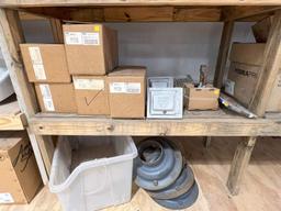 ASSORTED WOODFORD BOX HYRDRANTS & CPVC FITTINGS W/ WOOD SHELF