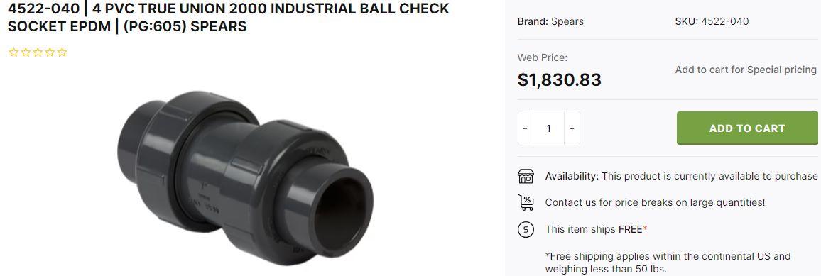 ( 4) SPEARS 3" PVC  TU2000 INDUSTRIAL BALL VALVE SOCKET; (4) SPEARS 3" TRUE UNION BALL CHECK VALVE S