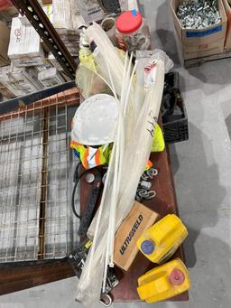 WOODEN SHELF WITH CONTENTS; RATCHET BINDERS; CABLE TIES; CHAIN; CHALK; AND ADHESIVE