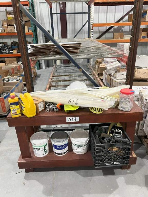 WOODEN SHELF WITH CONTENTS; RATCHET BINDERS; CABLE TIES; CHAIN; CHALK; AND ADHESIVE