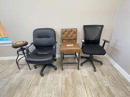 (4) ROLLING OFFICE CHAIRS; (1) METAL STOOL; (1) WOODEN AND LEATHER COUNTER HEIGHT CHAIR