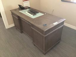 2 WOOD DESKS; WOOD PRINTER TABLE AND 4 DRAWER LATERAL FILE CABINET AND WHITEBOARDS