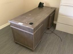 2 WOOD DESKS; WOOD PRINTER TABLE AND 4 DRAWER LATERAL FILE CABINET AND WHITEBOARDS