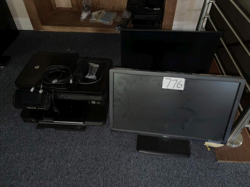 (2) MONITORS & HP PRINTER