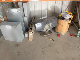 ASSORTED ELECTRICAL BOXES; LIGHTING FIXTURES; WOODEN DESK; WILD GAME FEEDER; ASSORTED TOOLS; AND MIS