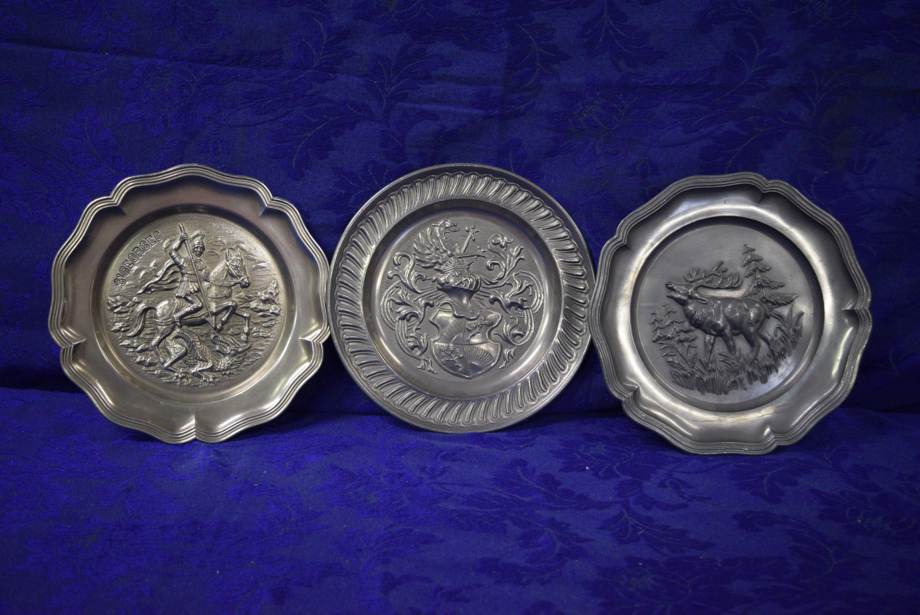 VINTAGE GERMAN PEWTER WALL PLATES!