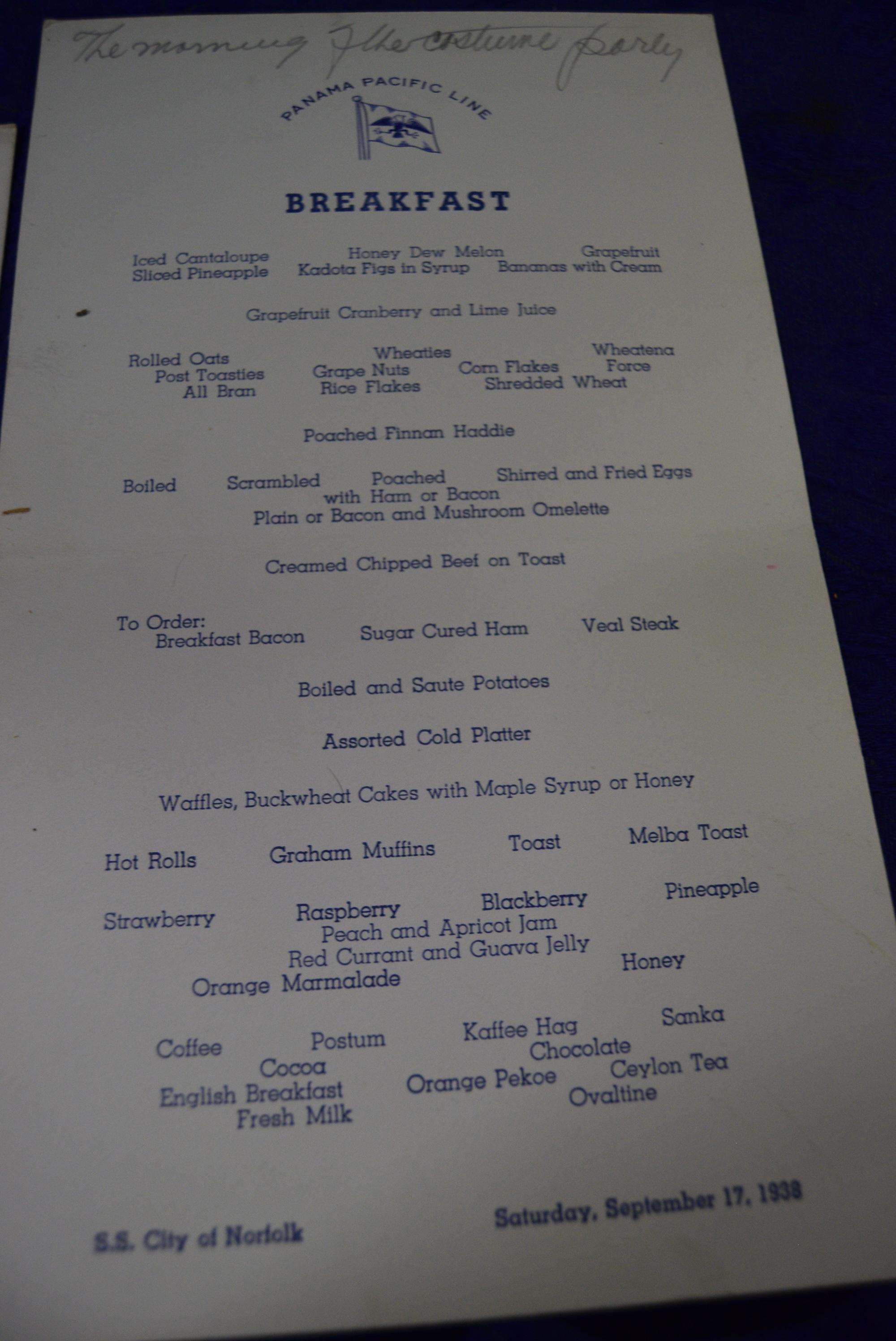 PANAMA PACIFIC LINES 1938 MENUS!