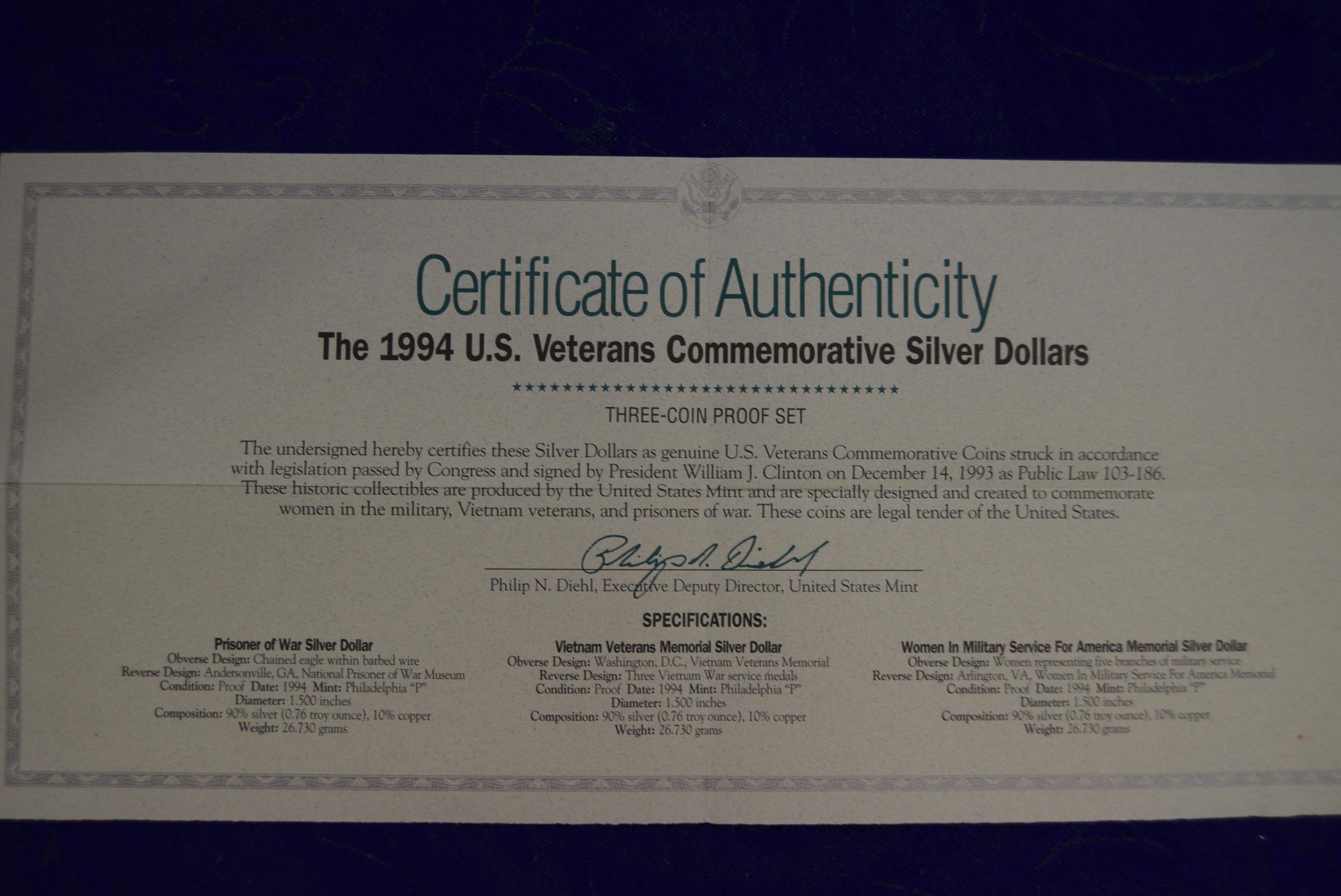 1994 US VETERANS COMMEMORATIVE SILVER DOLLARS! #1