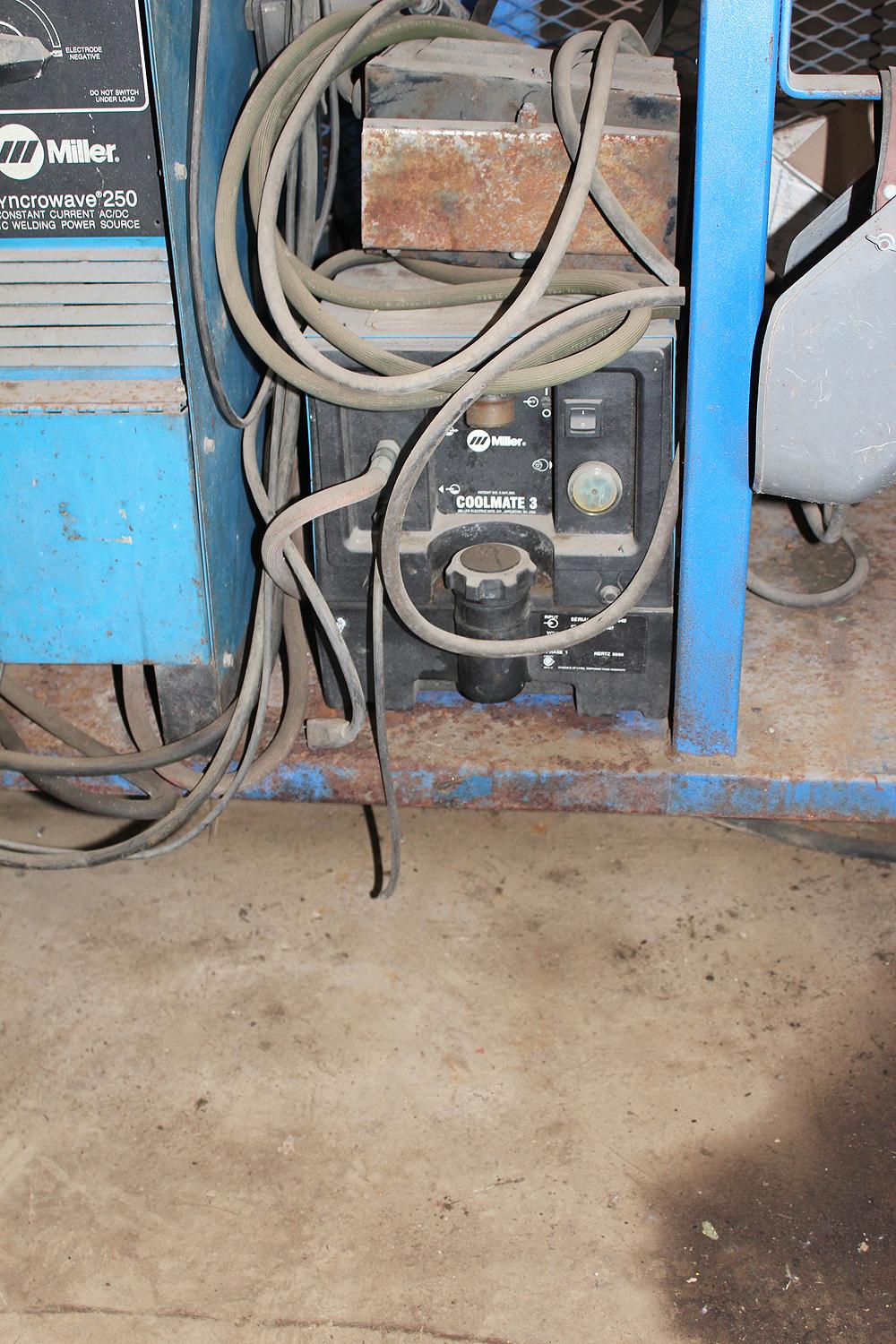 MILLER SYNCROWAVE 250 ARC WELDER WITH COOL MATE 3 , ALSO WITH CART